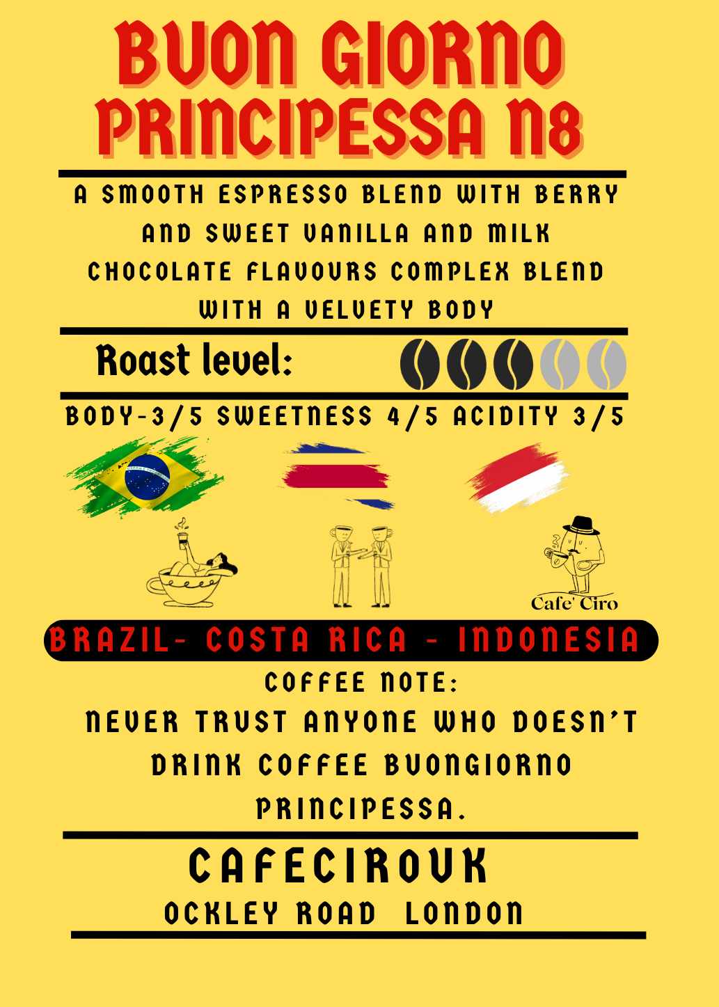 Buongiono Pricipessa Café Ciro N8- Brazil,Costa Rica, and Indonesia Arabica Premium Coffee Blend